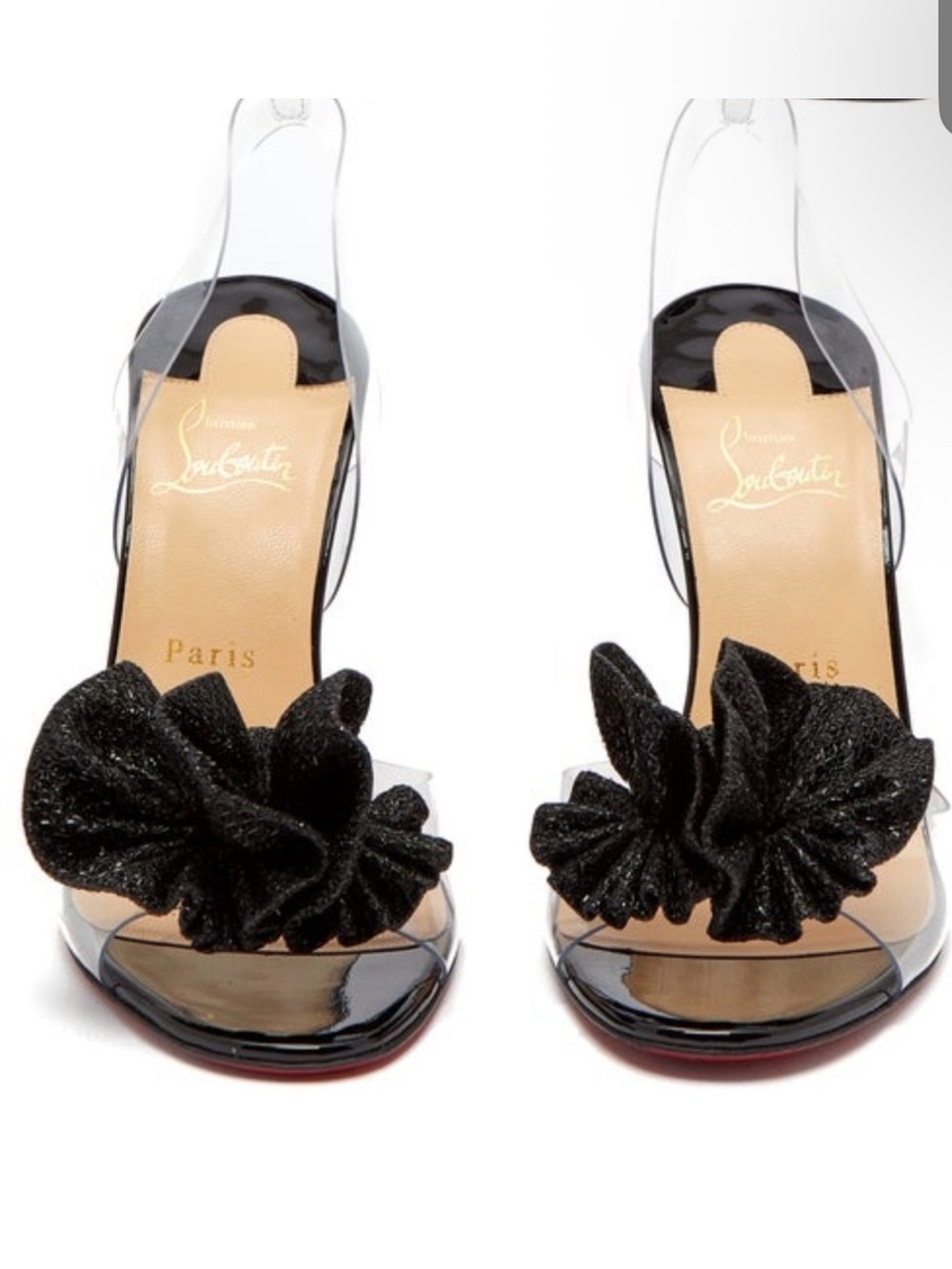Christian Louboutin Clear Slingback Heels with Black Floral Bow